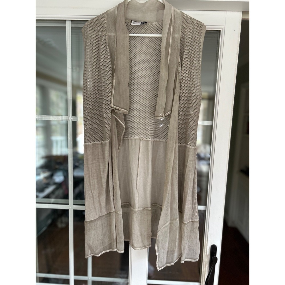 EUC Angel Apparel Cardigan Vest Duster Light Taupe Mesh Tiered READ